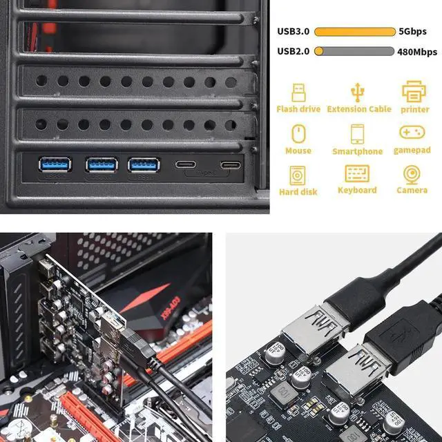 Alt view image 3 of 6 - PCIe to USB 3.0 Expansion Card, 5 USB-A + 2 USB-C Ports, PCI Express Internal USB 3 Hub Converter for Desktop PC