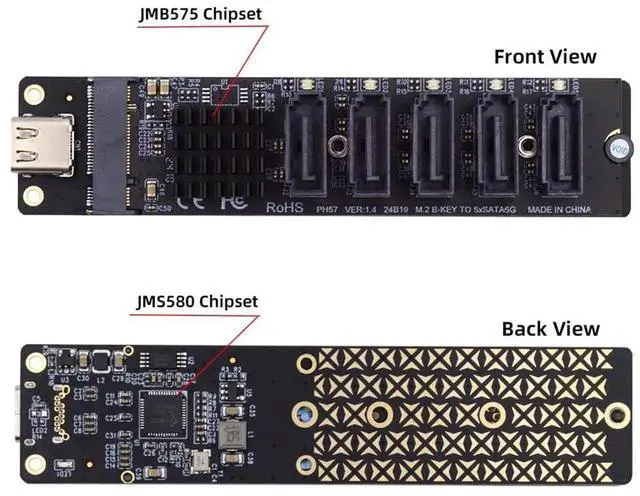 Alt view image 2 of 7 - USB-C 10Gbps to M.2 NGFF Key B+M 5-Port SATA 6Gbps Adapter, Port Multiplier Converter with JMB575 JMS580 Chipset