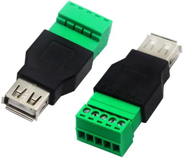 Main image of 2Pack USB 2.0 A Female to 5 Pin Screw Terminal Block Connector, Pluggable Shielded Terminal Adapter, 300V 8A USB 2.0 Female Plug to Bolt Screw Terminals Converter