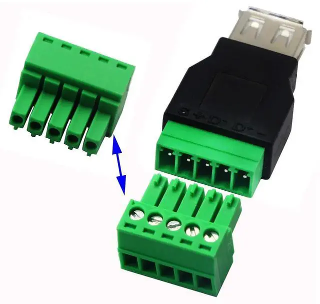 Alt view image 5 of 7 - 2Pack USB 2.0 A Female to 5 Pin Screw Terminal Block Connector, Pluggable Shielded Terminal Adapter, 300V 8A USB 2.0 Female Plug to Bolt Screw Terminals Converter