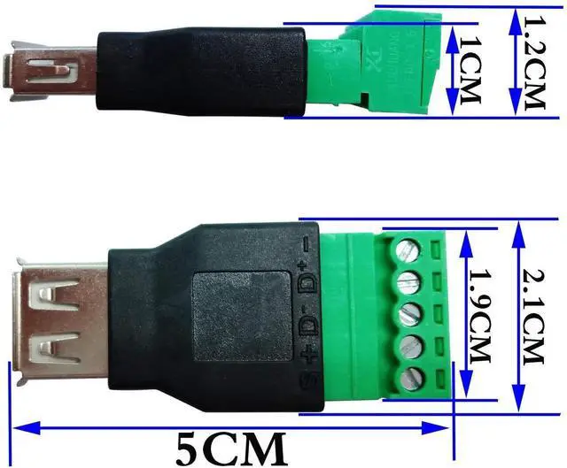Alt view image 2 of 7 - 2Pack USB 2.0 A Female to 5 Pin Screw Terminal Block Connector, Pluggable Shielded Terminal Adapter, 300V 8A USB 2.0 Female Plug to Bolt Screw Terminals Converter