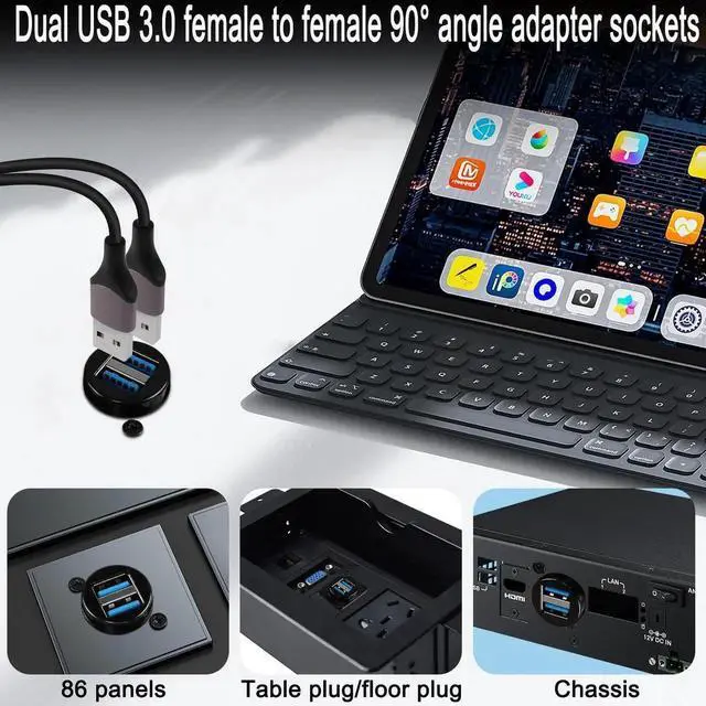 Alt view image 6 of 7 - Dual USB 3.0 90 Degree Panel Mount Adapter, Dual USB 3.0 Female to Female Right Angle Connector, Support Data Transfer and Charging for Panel Mount Extension