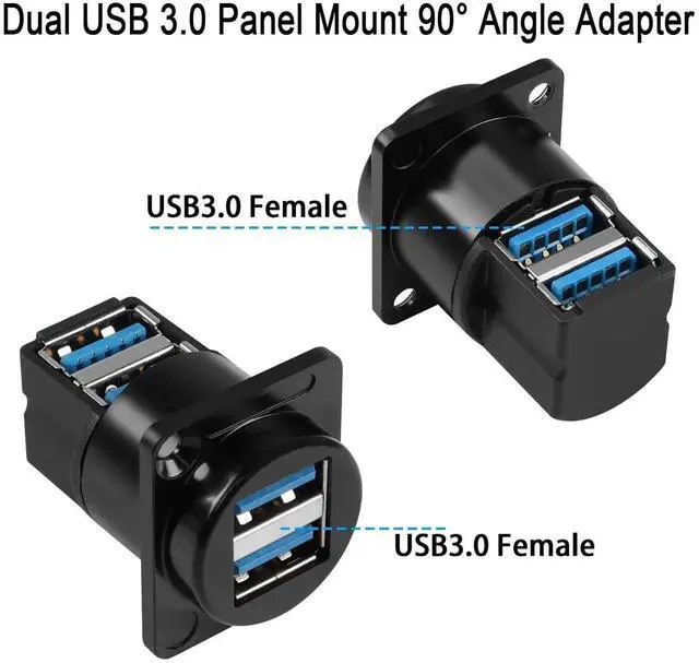 Alt view image 4 of 7 - Dual USB 3.0 90 Degree Panel Mount Adapter, Dual USB 3.0 Female to Female Right Angle Connector, Support Data Transfer and Charging for Panel Mount Extension