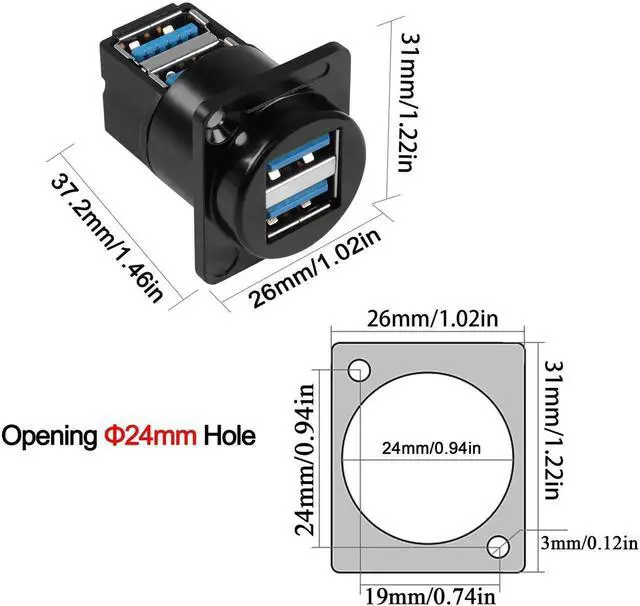 Alt view image 5 of 7 - Dual USB 3.0 90 Degree Panel Mount Adapter, Dual USB 3.0 Female to Female Right Angle Connector, Support Data Transfer and Charging for Panel Mount Extension
