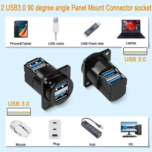 Alt view image 7 of 7 - Dual USB 3.0 90 Degree Panel Mount Adapter, Dual USB 3.0 Female to Female Right Angle Connector, Support Data Transfer and Charging for Panel Mount Extension