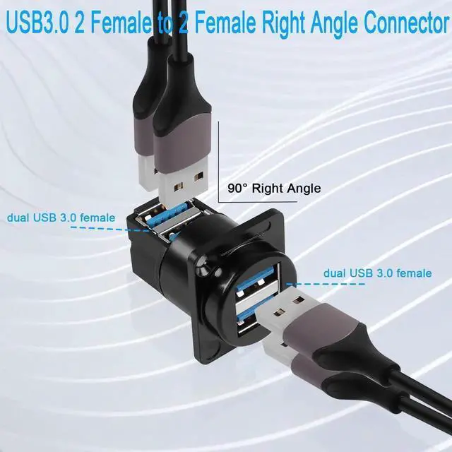 Alt view image 2 of 7 - Dual USB 3.0 90 Degree Panel Mount Adapter, Dual USB 3.0 Female to Female Right Angle Connector, Support Data Transfer and Charging for Panel Mount Extension