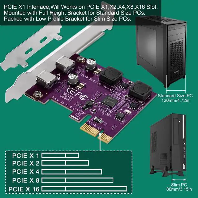 Alt view image 7 of 7 - PCI Express to USB 3.0 Expansion Card with 2X 5Gbps USB-C Ports, Self-Powered PCIe USB-C Controller Card for Desktop PC, Compatible Windows 11 10 8 7 Vista XP, Model FS-U302C-Pro