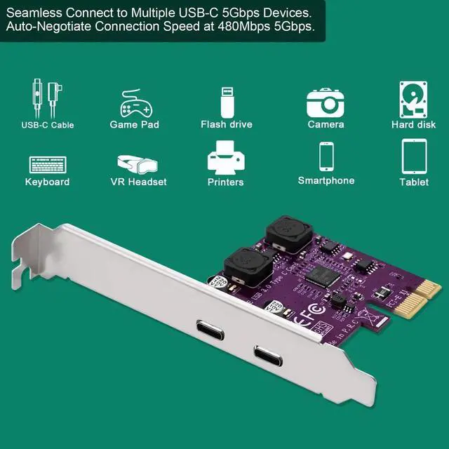 Alt view image 2 of 7 - PCI Express to USB 3.0 Expansion Card with 2X 5Gbps USB-C Ports, Self-Powered PCIe USB-C Controller Card for Desktop PC, Compatible Windows 11 10 8 7 Vista XP, Model FS-U302C-Pro