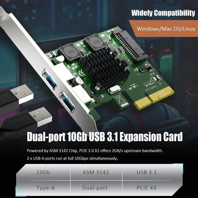 Alt view image 4 of 7 - U3142A 2-Port 10Gbps USB 3.1 Gen2 Type-A PCIe X4 Expansion Card, ASM 3142 Chip with Standard and Low Profile Bracket