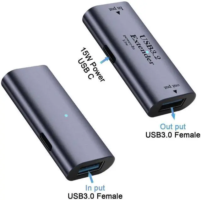 Alt view image 6 of 7 - 5Gbps USB3.2 Signal Amplifier Extender Adapter, 10m/32.8ft Long Distance USB Extension Coupler, 5V/3A 15W Charging Data Connector with Built-in Chip LED Indicator Aluminum Alloy Shell