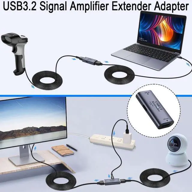 Alt view image 2 of 7 - 5Gbps USB3.2 Signal Amplifier Extender Adapter, 10m/32.8ft Long Distance USB Extension Coupler, 5V/3A 15W Charging Data Connector with Built-in Chip LED Indicator Aluminum Alloy Shell