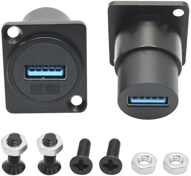 Main image of 2Pcs D-Type USB 3.0 Panel Mount Connector Socket, Female to Female Through Coupler with Mounting Screws, High Speed USB 3.0 Extension Adapter