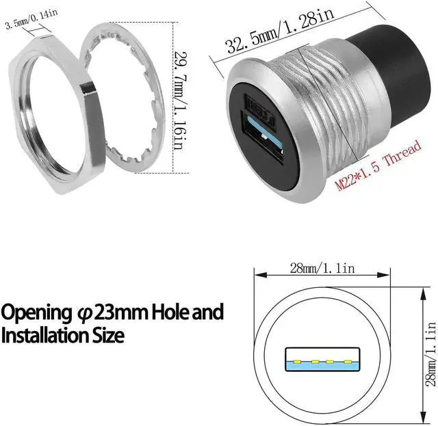 Alt view image 7 of 7 - USB3.0 Panel Threaded Mount Coupler, 5Gbps Female to Female Recessed Panel Mount Connector with Anti-loosening Gasket and Dust-Proof Cover, for Dashboard Device Panel Installation