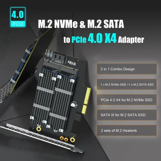 Alt view image 3 of 7 - PA12-HS Dual M.2 SSD PCIe X4 Adapter with Heatsink, Support PCIe 4.0 NVMe & M.2 SATA SSD, OS Bootable from M.2 NVMe SSD