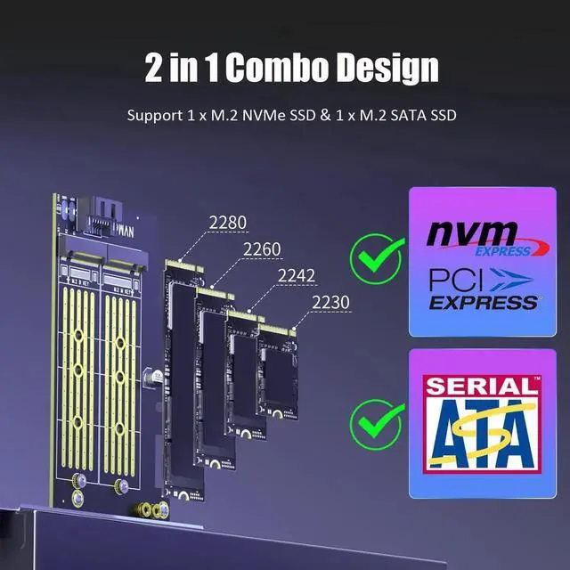 Alt view image 2 of 7 - PA12-HS Dual M.2 SSD PCIe X4 Adapter with Heatsink, Support PCIe 4.0 NVMe & M.2 SATA SSD, OS Bootable from M.2 NVMe SSD