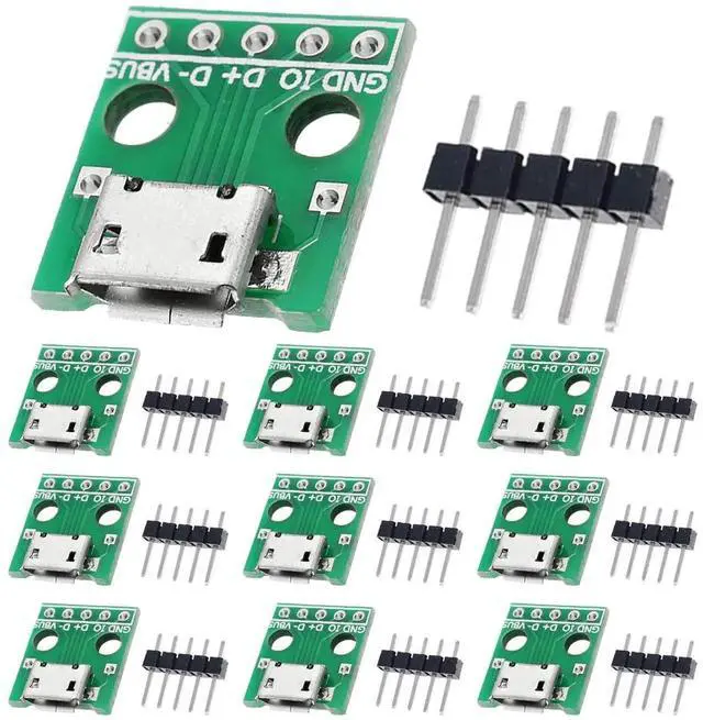 Main image of 10 Pcs Micro USB Female to DIP Adapter Board, 2.54mm 5 Pin USB 2.0 Micro USB Socket Breakout Board with 50 Pin Header for DIY Power Supply Project
