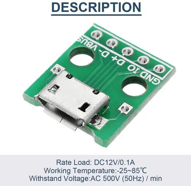 Alt view image 6 of 7 - 10 Pcs Micro USB Female to DIP Adapter Board, 2.54mm 5 Pin USB 2.0 Micro USB Socket Breakout Board with 50 Pin Header for DIY Power Supply Project