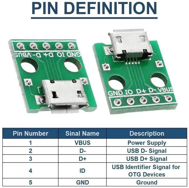 Alt view image 7 of 7 - 10 Pcs Micro USB Female to DIP Adapter Board, 2.54mm 5 Pin USB 2.0 Micro USB Socket Breakout Board with 50 Pin Header for DIY Power Supply Project