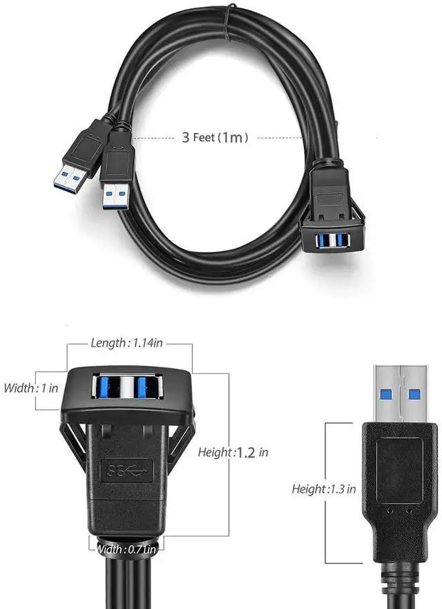 Alt view image 7 of 7 - Dual USB 3.0 Square Flush Mount Cable, 1M 3FT Panel Dash Mount USB 3.0 Extension Cord for Car Boat Motorcycle