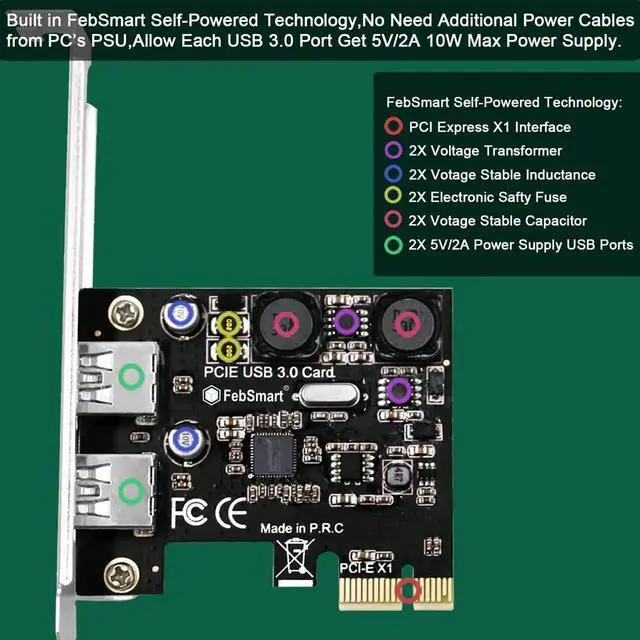 Alt view image 3 of 7 - 2-Port 5Gbps USB 3.0 PCIe Expansion Card FS-U2S-Pro, Self-Powered PCI Express USB 3.0 Adapter Compatible with Windows, Mac OS X, Linux Desktop PC