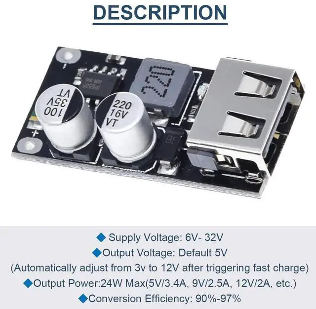 Alt view image 5 of 7 - 5 Pcs DC-DC Buck Converter Step-Down Module, 6-32V to 5V 3A QC3.0 QC2.0 Fast Charging Circuit Board with 24AWG USB Cable