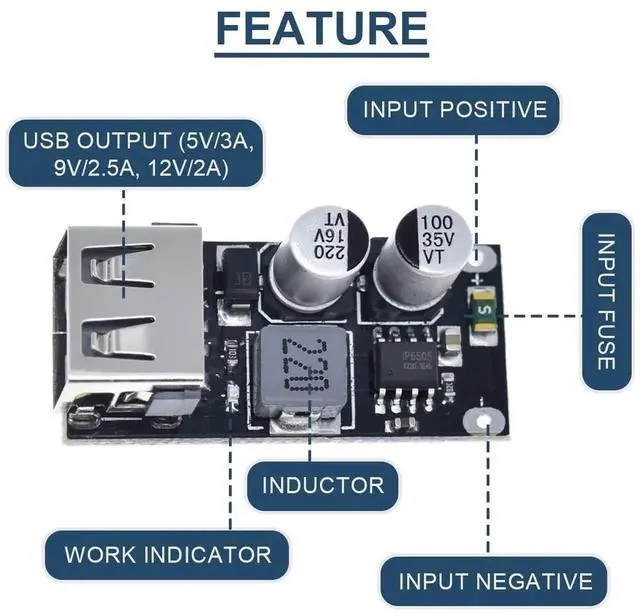 Alt view image 3 of 7 - 5 Pcs DC-DC Buck Converter Step-Down Module, 6-32V to 5V 3A QC3.0 QC2.0 Fast Charging Circuit Board with 24AWG USB Cable