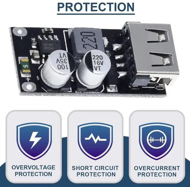 Alt view image 4 of 7 - 5 Pcs DC-DC Buck Converter Step-Down Module, 6-32V to 5V 3A QC3.0 QC2.0 Fast Charging Circuit Board with 24AWG USB Cable