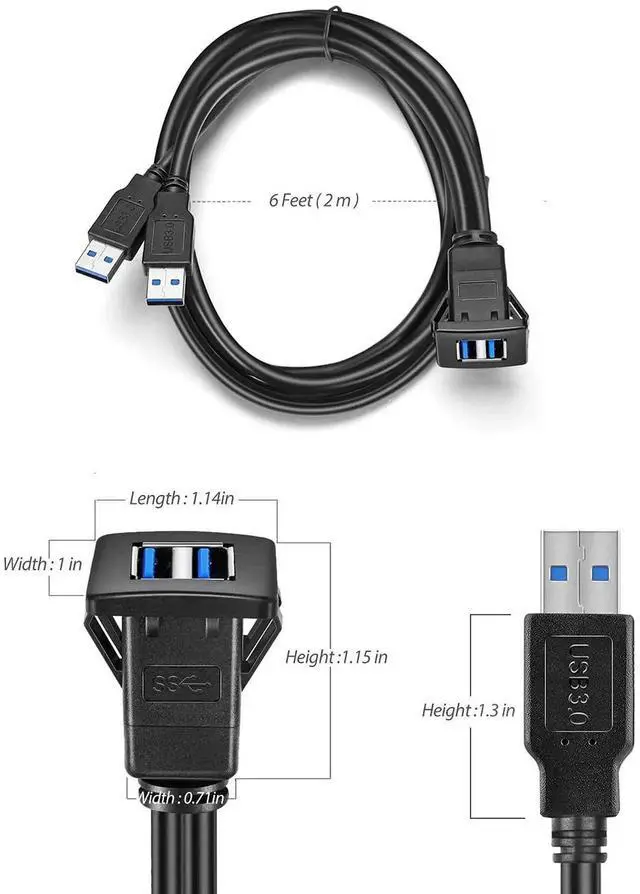 Alt view image 3 of 7 - 6ft 2M Black Dual USB 3.0 Square Flush Mount Cable, Dash Panel Mount USB 3.0 Extension Cord for Car Boat Motorcycle
