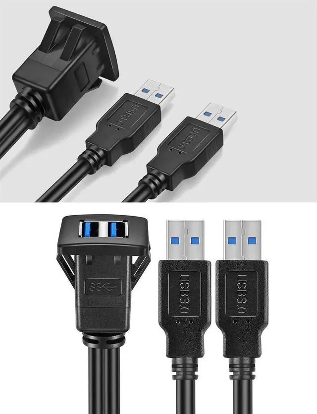 Alt view image 5 of 7 - 6ft 2M Black Dual USB 3.0 Square Flush Mount Cable, Dash Panel Mount USB 3.0 Extension Cord for Car Boat Motorcycle