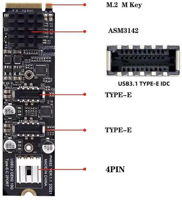 Alt view image 6 of 7 - M.2 NGFF M-Key to Dual Type-E USB 3.1 Gen2 Adapter Card, 10Gbps Front Panel IDC Socket Expansion Card with ASM3142 Controller
