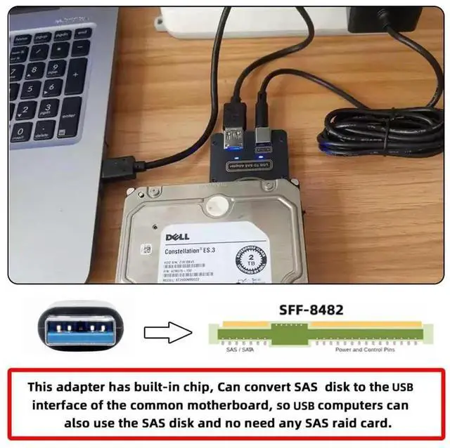 Alt view image 3 of 7 - SFF-8482 SAS 29Pin to USB 3.0 Adapter Card, 5Gbps HDD RAID Converter with Built-in Chipset and Power Port, Requires 12V/3A Power Supply