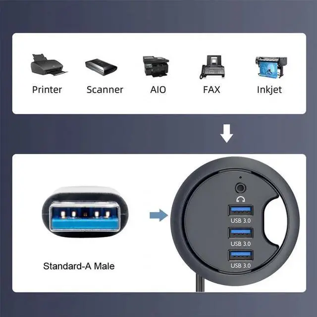 Alt view image 2 of 7 - Desktop 3 Port USB 3.0 Hub with Sound Card, 60mm Desk Grommet Dock Station, USB Multiport Expander with Headphone Mic Audio Interface for PC Desktop