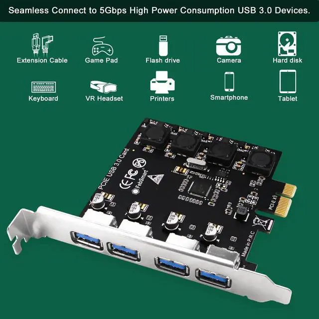 Alt view image 2 of 7 - 4 Ports 5Gbps USB 3.0 PCI Express Expansion Card, Self-Powered PCIe USB Hub Adapter No Extra Power Needed, Compatible with Windows 11 10 8 7 Vista XP Desktop PC FS-U4-Pro