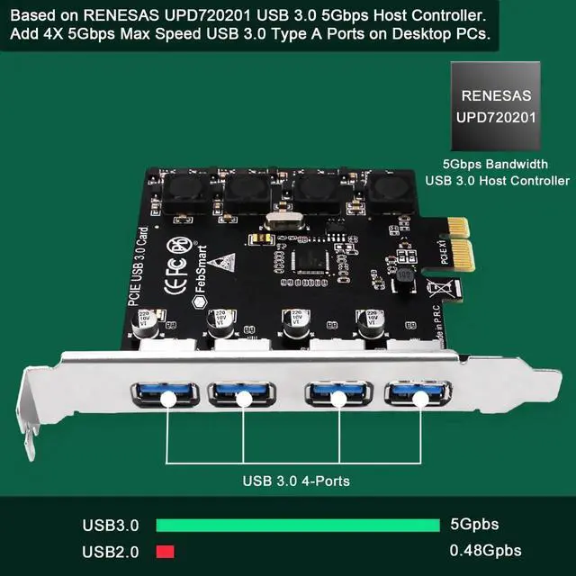 Alt view image 3 of 7 - 4 Ports 5Gbps USB 3.0 PCI Express Expansion Card, Self-Powered PCIe USB Hub Adapter No Extra Power Needed, Compatible with Windows 11 10 8 7 Vista XP Desktop PC FS-U4-Pro