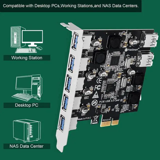 Alt view image 7 of 7 - FS-U7-Pro 7-Port SuperSpeed 5Gbps USB 3.0 PCIE Expansion Card, FebSmart Self-Powered Tech No Extra Power Supply Needed, Compatible with Windows 11 10 8.x 7 Vista XP Desktop PC