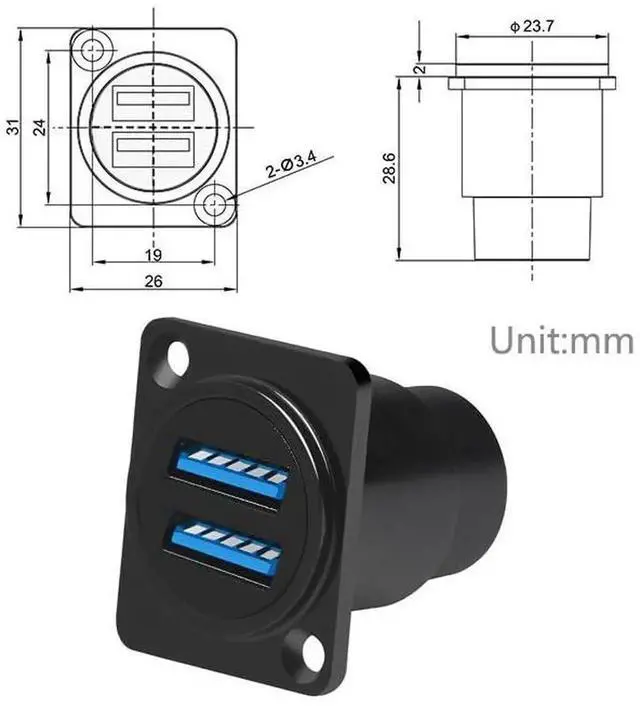 Alt view image 5 of 7 - Dual USB 3.0 D-Type Panel Mount Adapter, Female to Female with Waterproof Cover, 5Gbps High Speed Data Transfer & Charging for External Hard Drive Keyboard Mouse, 5 Packs