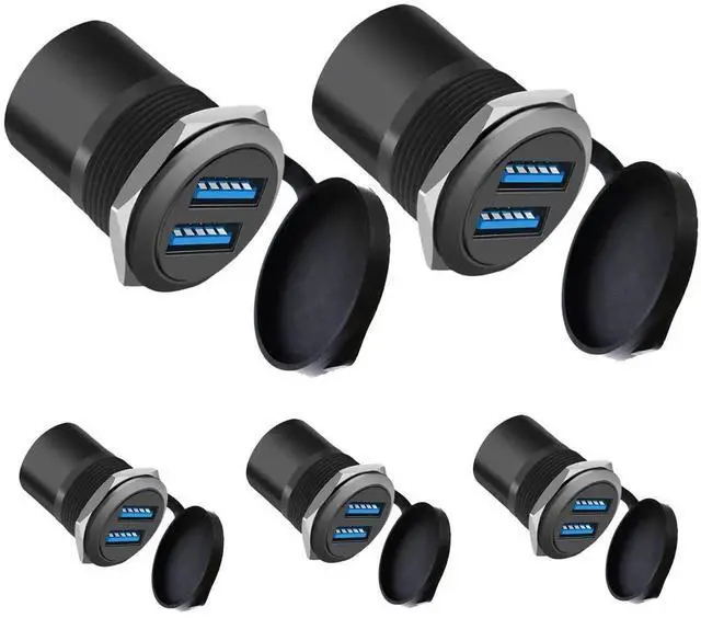 Main image of Dual USB 3.0 Threaded Round Panel Mount Adapter, 2 Female to 2 Female Ports with Waterproof Dust Cover, 5Gbps Data Transfer 5V 2A Charging, 5-Pack Black