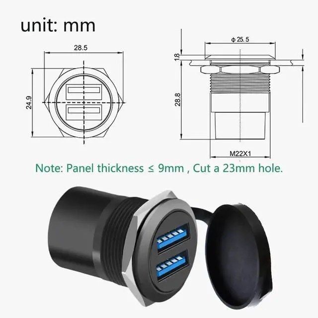 Alt view image 2 of 6 - Dual USB 3.0 Threaded Round Panel Mount Adapter, 2 Female to 2 Female Ports with Waterproof Dust Cover, 5Gbps Data Transfer 5V 2A Charging, 5-Pack Black