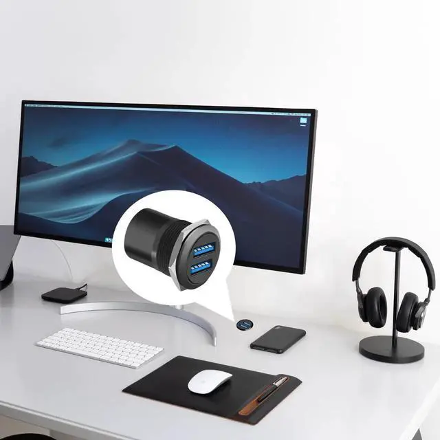 Alt view image 4 of 6 - Dual USB 3.0 Threaded Round Panel Mount Adapter, 2 Female to 2 Female Ports with Waterproof Dust Cover, 5Gbps Data Transfer 5V 2A Charging, 5-Pack Black
