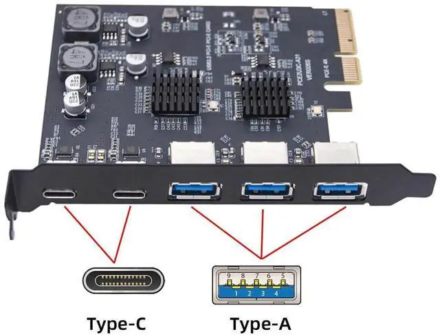 Alt view image 7 of 7 - 10Gbps PCI-E Express Expansion Card, 3 Type-A USB 3.0 + Dual USB 3.1 Type-C Back Panel Adapter, Built-in ASM3142 VL822 Controller Chip