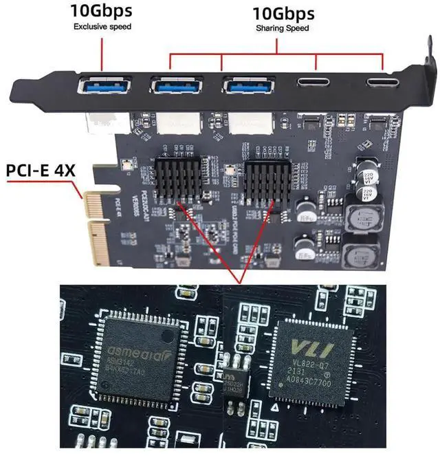 Alt view image 4 of 7 - 10Gbps PCI-E Express Expansion Card, 3 Type-A USB 3.0 + Dual USB 3.1 Type-C Back Panel Adapter, Built-in ASM3142 VL822 Controller Chip
