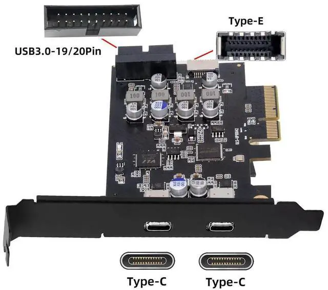 Alt view image 7 of 7 - 10Gbps PCI-E USB Expansion Card, Dual Type-C + Type-E USB 3.1 Front Panel Socket + USB3.0 19Pin/20Pin Header, ASM3142 VL822 Chipset PCIe Adapter