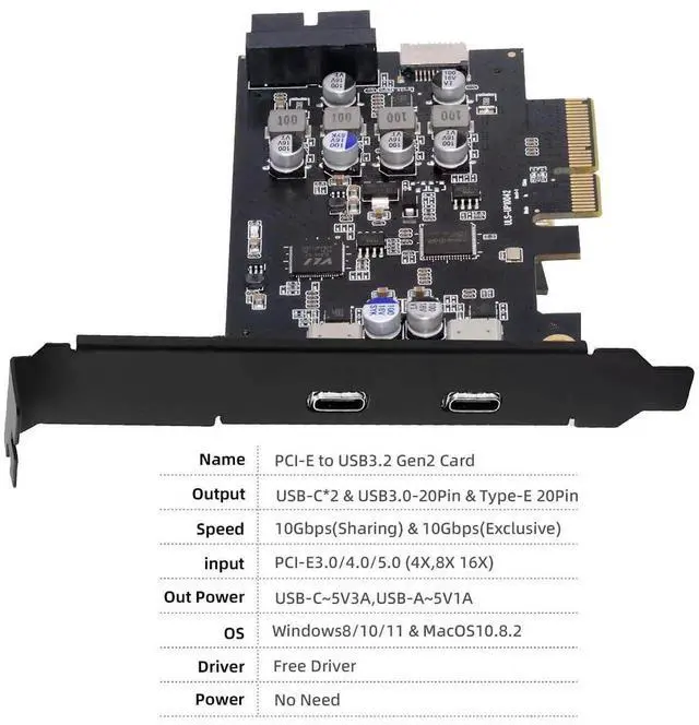 Alt view image 6 of 7 - 10Gbps PCI-E USB Expansion Card, Dual Type-C + Type-E USB 3.1 Front Panel Socket + USB3.0 19Pin/20Pin Header, ASM3142 VL822 Chipset PCIe Adapter