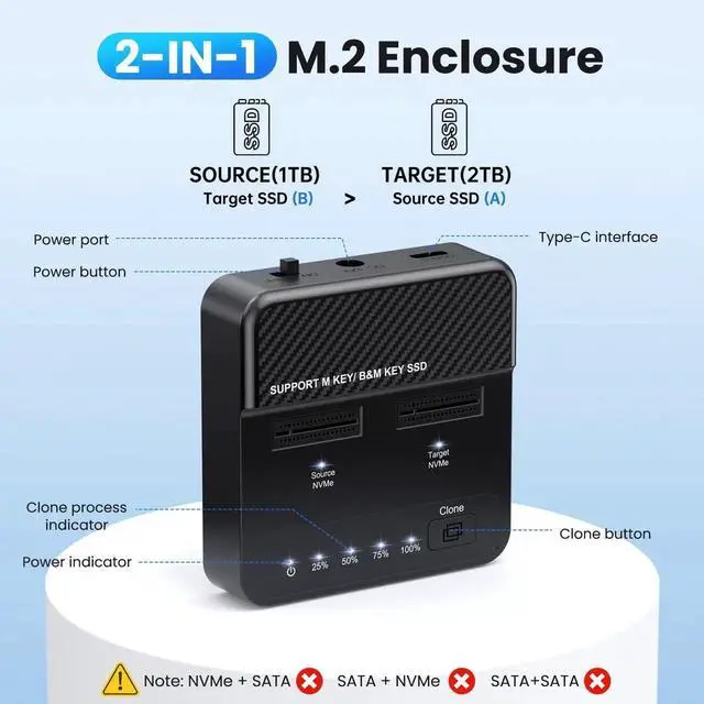 Alt view image 5 of 7 - Dual-Bay M.2 NVMe SSD Enclosure, 20Gbps USB-C One-Click Offline Clone Duplicator, Vertical Hyper Cloner for M-Key NVMe M.2 SSD