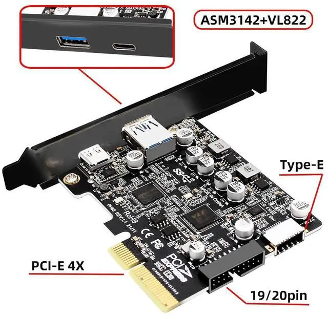 Alt view image 5 of 7 - 10Gbps PCIe USB Expansion Card, Type-E USB 3.1 Front Panel Socket + USB3.0 19Pin/20Pin Header + USB-A & Type-C Port, ASM3142 VL822 Chipset PCI-E Express Adapter