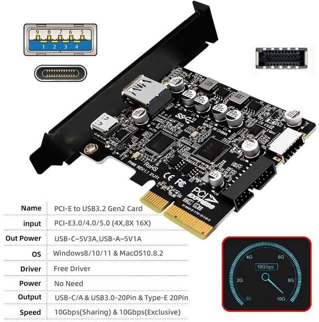 Alt view image 4 of 7 - 10Gbps PCIe USB Expansion Card, Type-E USB 3.1 Front Panel Socket + USB3.0 19Pin/20Pin Header + USB-A & Type-C Port, ASM3142 VL822 Chipset PCI-E Express Adapter