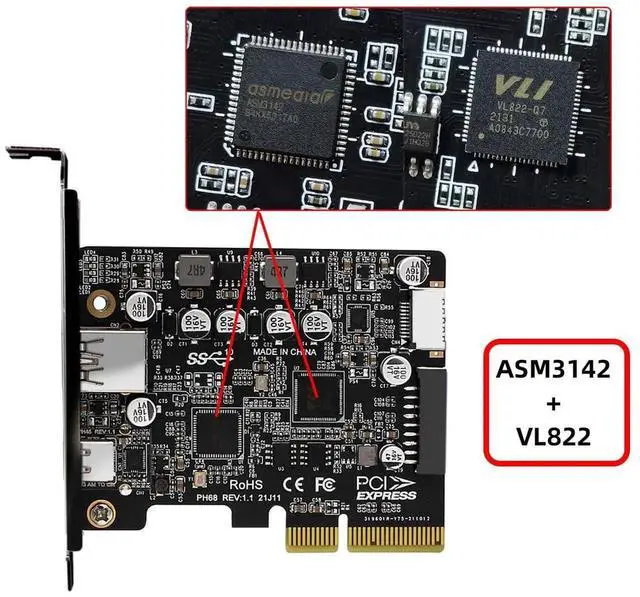 Alt view image 7 of 7 - 10Gbps PCIe USB Expansion Card, Type-E USB 3.1 Front Panel Socket + USB3.0 19Pin/20Pin Header + USB-A & Type-C Port, ASM3142 VL822 Chipset PCI-E Express Adapter