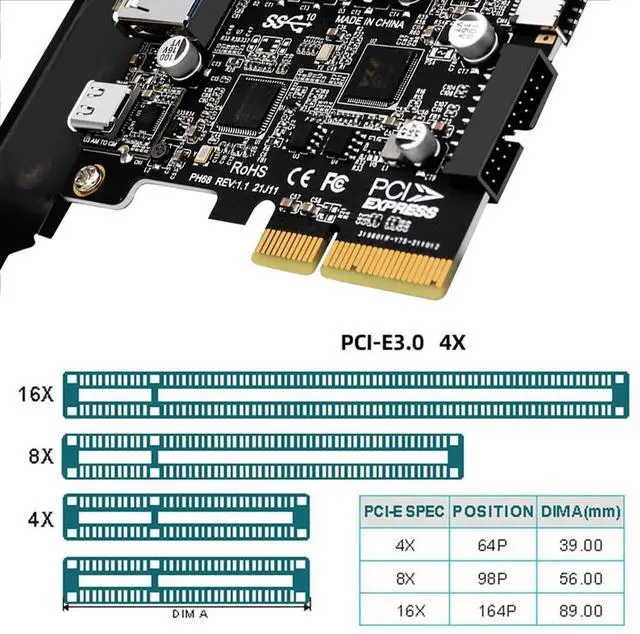 Alt view image 6 of 7 - 10Gbps PCIe USB Expansion Card, Type-E USB 3.1 Front Panel Socket + USB3.0 19Pin/20Pin Header + USB-A & Type-C Port, ASM3142 VL822 Chipset PCI-E Express Adapter