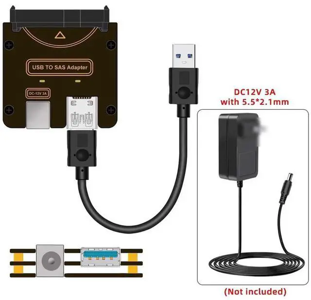 Alt view image 4 of 7 - SFF-8482 SAS 29Pin to USB3.0 5Gbps Hard Drive RAID Adapter with Built-in Chipset & 12V/3A Power Supply Port