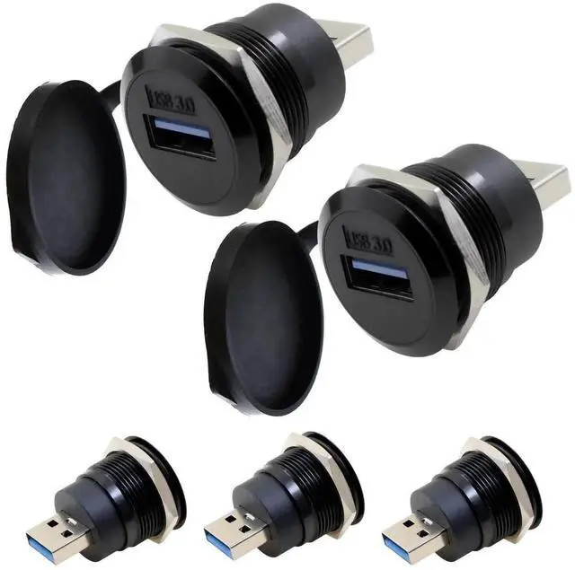 Main image of USB 3.0 Male to Female Waterproof Panel Mount Adapter, 5Gbps Data & Charging, Threaded Round Socket with Nut Fixed Dustproof Connector, 5-Pack Black